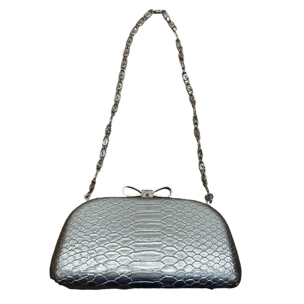 Small Silver Evening Clutch with Chain Strap Rhinestone Bow